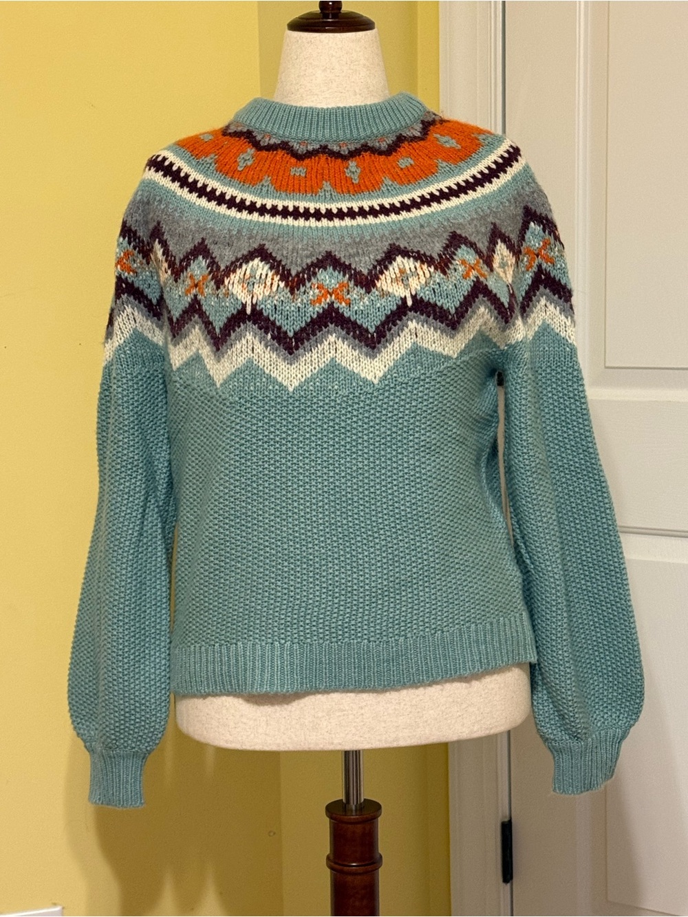 J. Crew Teal Fair Isle Crewneck Sweater with Orange Accents